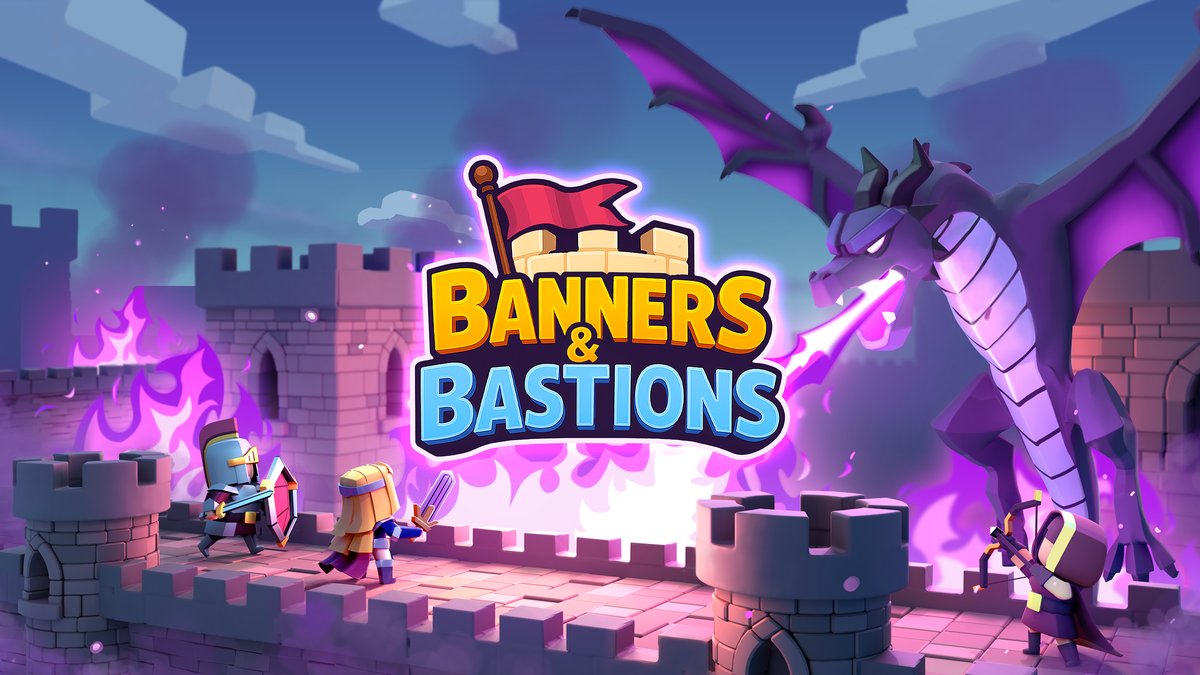 Banners & Bastions key art: a knight and a hero defend the castle walls from a fire-breathing dragon
