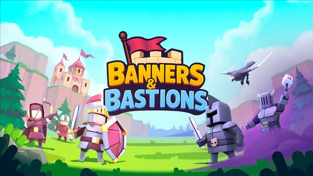 Banners & Bastions key art: a knight and archers face a dark knight's army on a green meadow