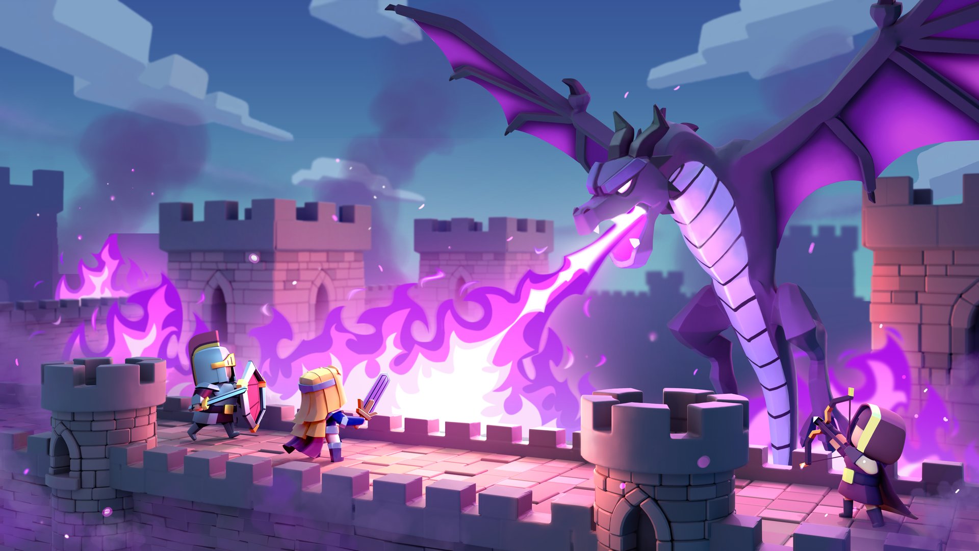 Banners & Bastions art of the dragon attacking the castle walls, without logo