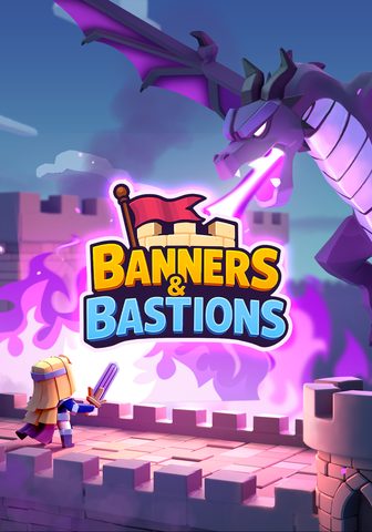 Banners & Bastions portrait key art: a hero faces the dragon on the castle walls