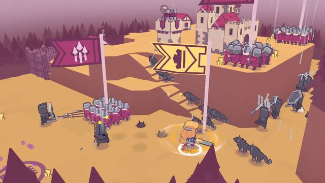 A hero leads troops against wolves and knights on a desert map