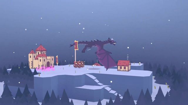 A dragon attacks a snowy castle